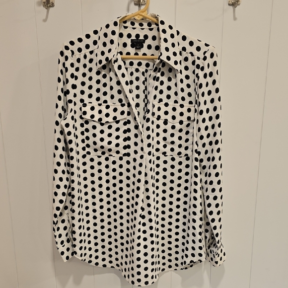 Ann Taylor Black and White Polka Dot V-Neck Blouse - Picture 1 of 7